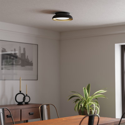 21W LED Integrated Matte Black Flush Mount and Night Light with White Glass Shade and Gold Interior