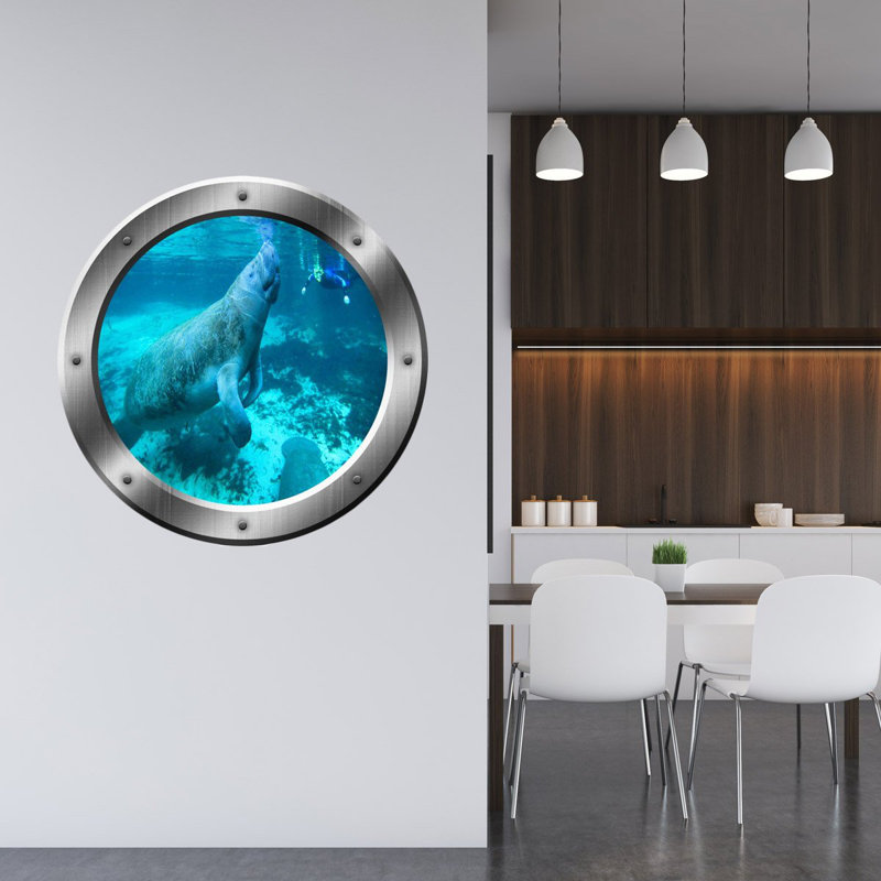 Adhésif décoratif lamantin hublot 3D Manatee, H 20 po x l 20 po x P 0,01 po, Argent
