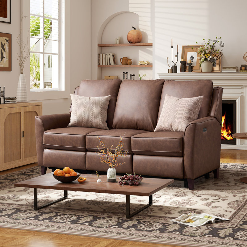 Canapé inclinable électrique en cuir synthétique de 74,4 po de largeur à 3 places, Brown