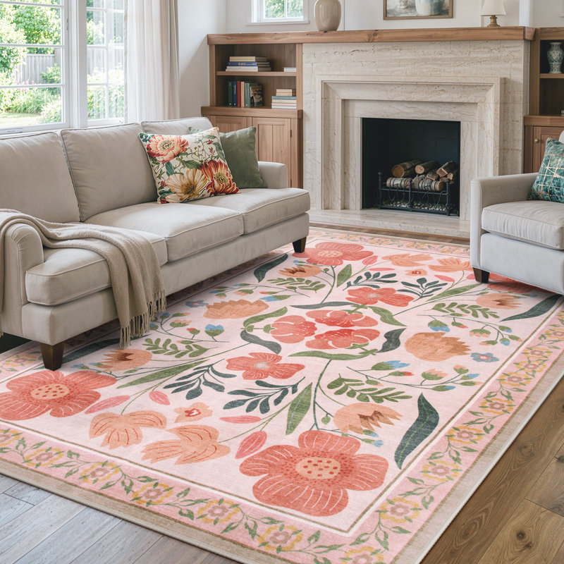  Kaldi Vintage Floral Washable Area Rug with Non-Slip Backing, Soft Botanical Farmhouse Rug for Living Room, Bedroom, Dining Room