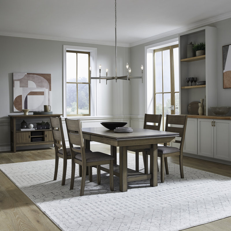 Luz Trestle Table Dining Set w/ 6 Upholstered Chairs, Brown/Brown, 7 Pieces: Table, 6 Chairs