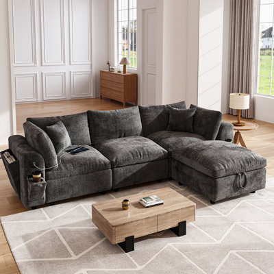 Luxurious Cloud Modular Sofa, 110.5" L-Shaped 3-Seat Deep Seat Sectional With Ottoman, Solid Wood Frame, Wide Armrests, Usb/Type-C & Cup Holders, Modern Comfy For Living Room ,Dark Gray