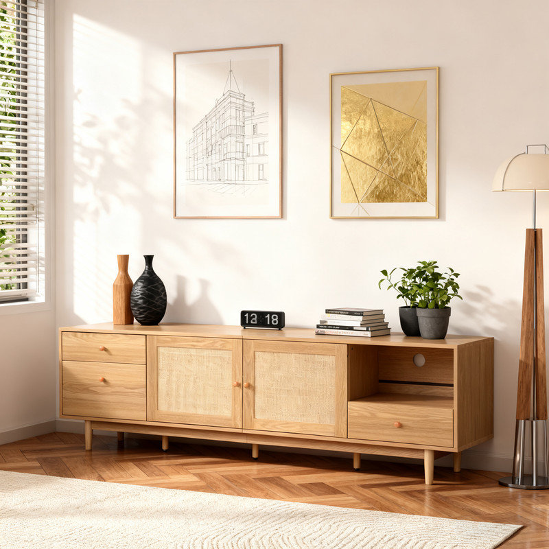 Boho Entertainment Center with Real Woven Rattan, Modern TV Stand for 65-85 Inch TVs, Media Console with Open Shelf & Drawers