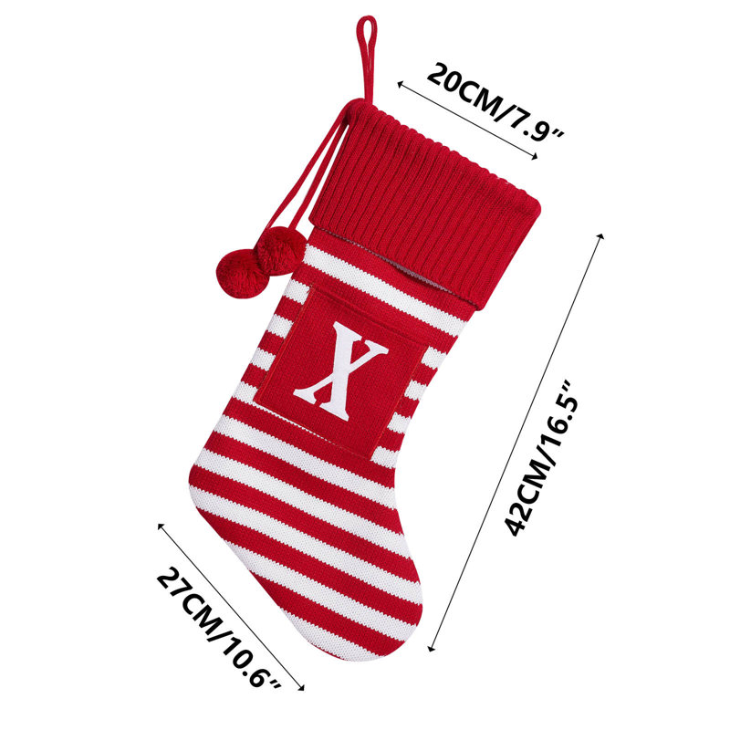 Grand bas de Noël en forme de lettre, joli pendentif rayé de Noël, 19,7 x 10,6 x 1,2 po, X