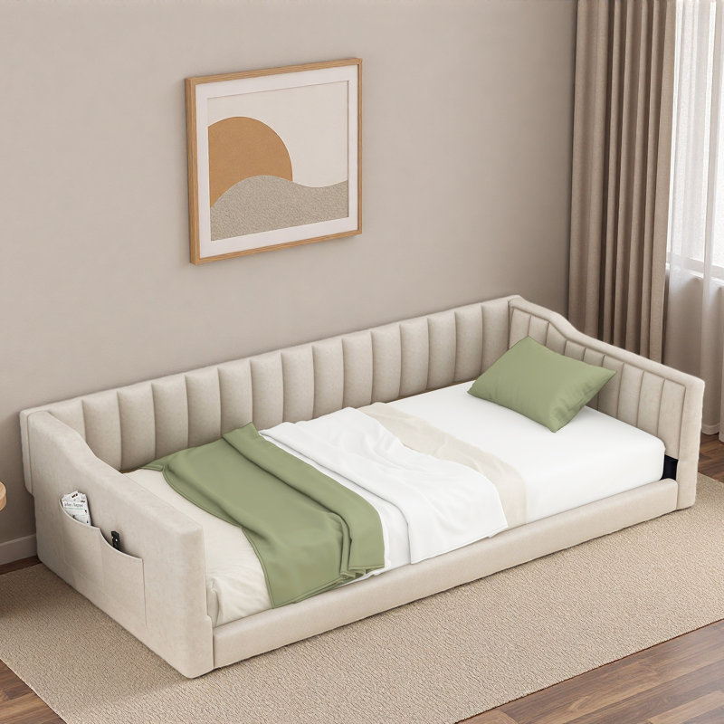 Upholstery Daybed With Side Storage Pockets And Vertical Stripe Design, Extra-Long Twin