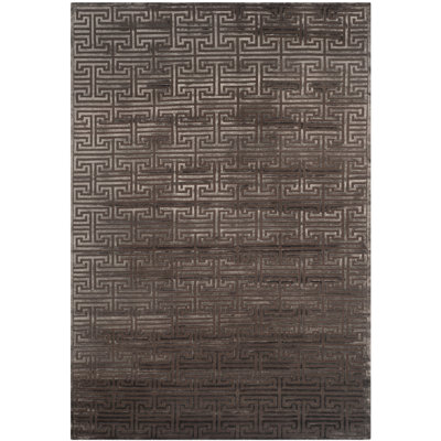Tibetan Hand Knotted Viscose/Wool/Cotton Geometric Rug in Brown