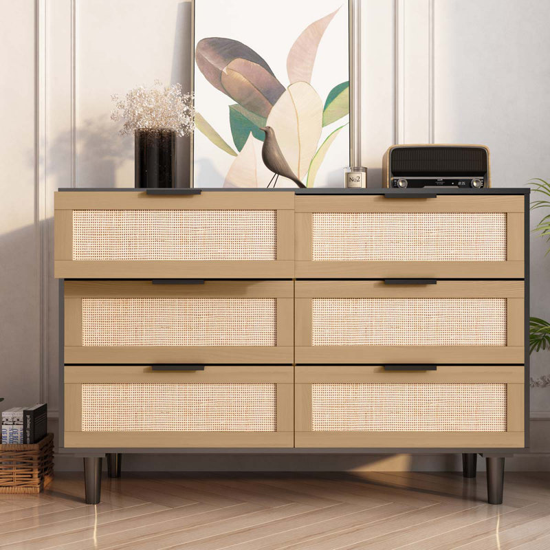 Multi purpose Rattan 6 Drawer Dresser,Modern Storage Cabinet with Wooden Legs, Natural, 29.53" H x  43.31" W x 15.75" D, Yes