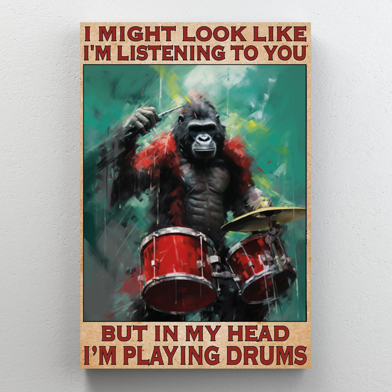 «Gorilla Im Play Drums» sur toile, H 20 po x l 16 po x P 1,25 po