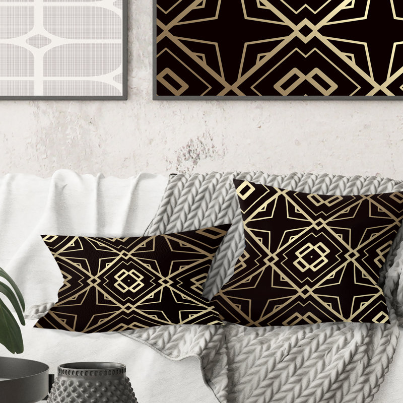 Coussin décoratif doré et noir à motif Art déco Mid-Century