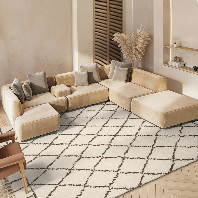 Aderonke Hand Tufted Wool/Cotton Geometric Rug in Ivory/Brown, Rectangle 8' x 10'