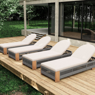 Patio Outdoor Wood Lounge Chair Of 4 For Backyard Pool Garden, Natural Iron & Grey Rope, Weather - Build, Reclining Function Garden Uncushioned 4, Rope Iron, Rustic Elegance, All Compatibility