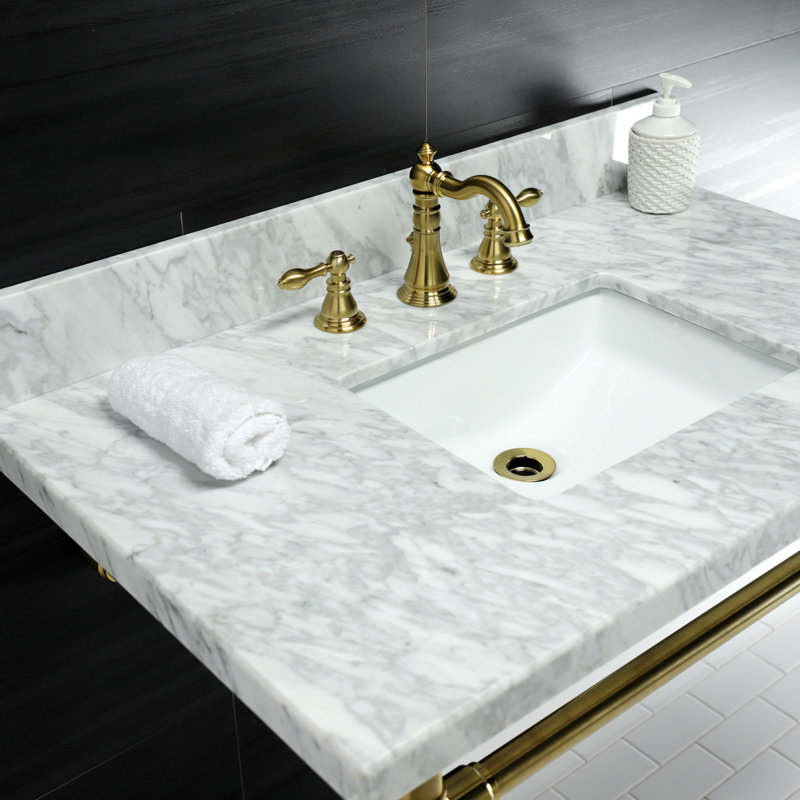 Lavabo de salle de bain console rectangulaire en céramique avec trop-plein Dreyfuss, Marbre blanc / laiton brossé