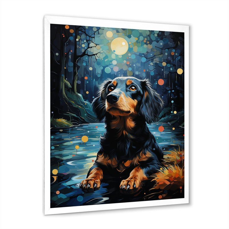 «Dachshund Dreamscape I» sur toile, H 32 po x l 16 po x P 1 po, Cadre simple blanc