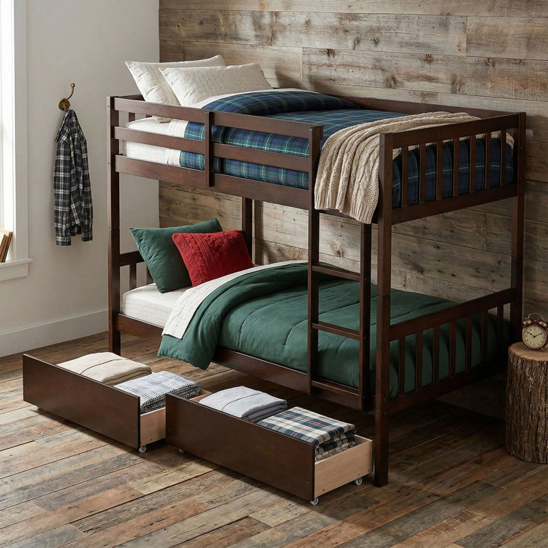 Lit superposé simple au-dessus de simple avec 2 tiroirs, convertible en 2 lits simples, bois d'hévéa massif, Espresso