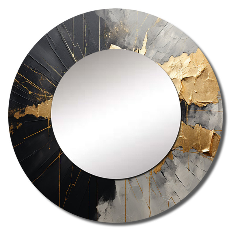 Noir et or abstrait méditation I - peinture abstraite murale miroir, miroir décoratif rond moderne, impression d'art en métal