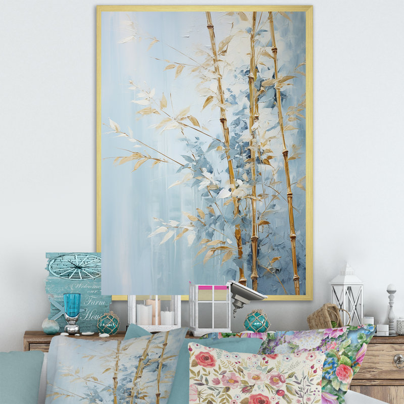 Or et bambou bleu sur toile, H 40 po x l 30 po x P 1,5 po, Encadrement doré