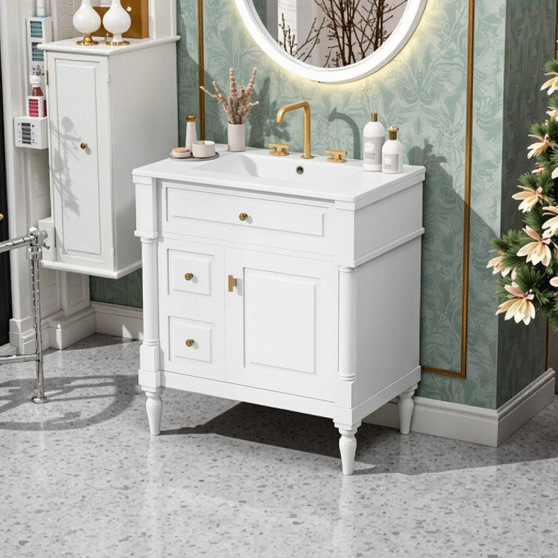 30" Freestanding Bathroom Vanity With Ceramic Sink Solid Rubberwood Frame & Flip Drawer Storage, White