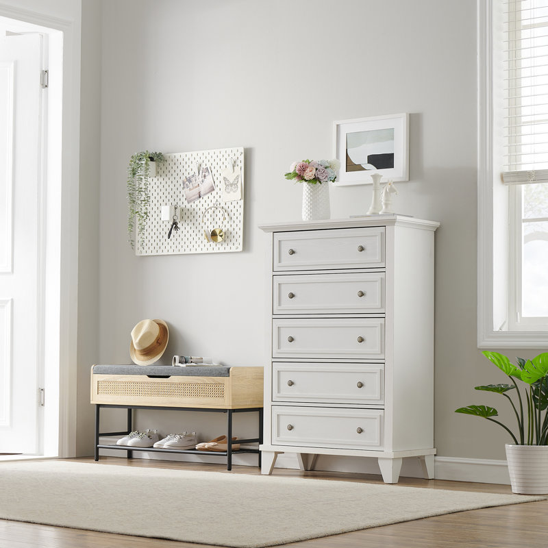 Wood Vintage Chest Dresser With 5 Drawers, White