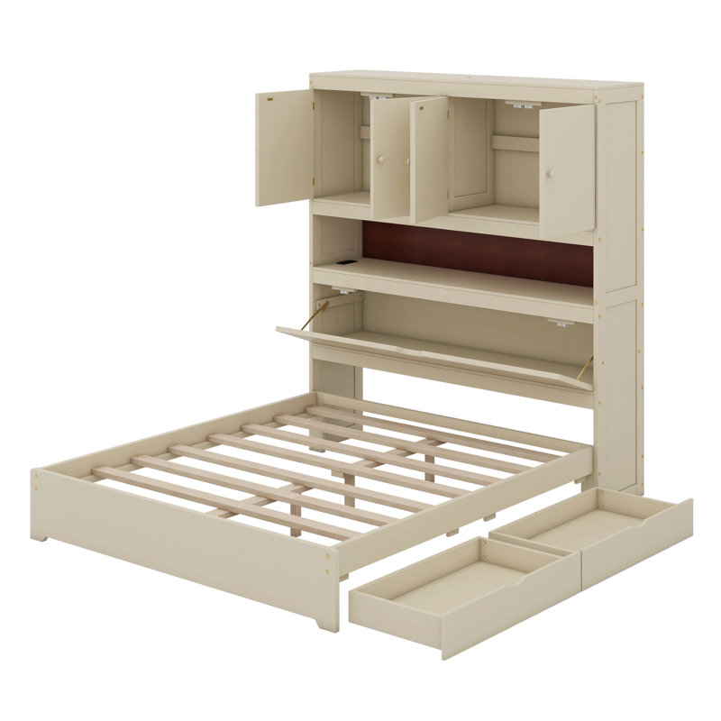 Lit plateforme double en bois avec port USB, tête de lit et tiroirs de rangement, Crème