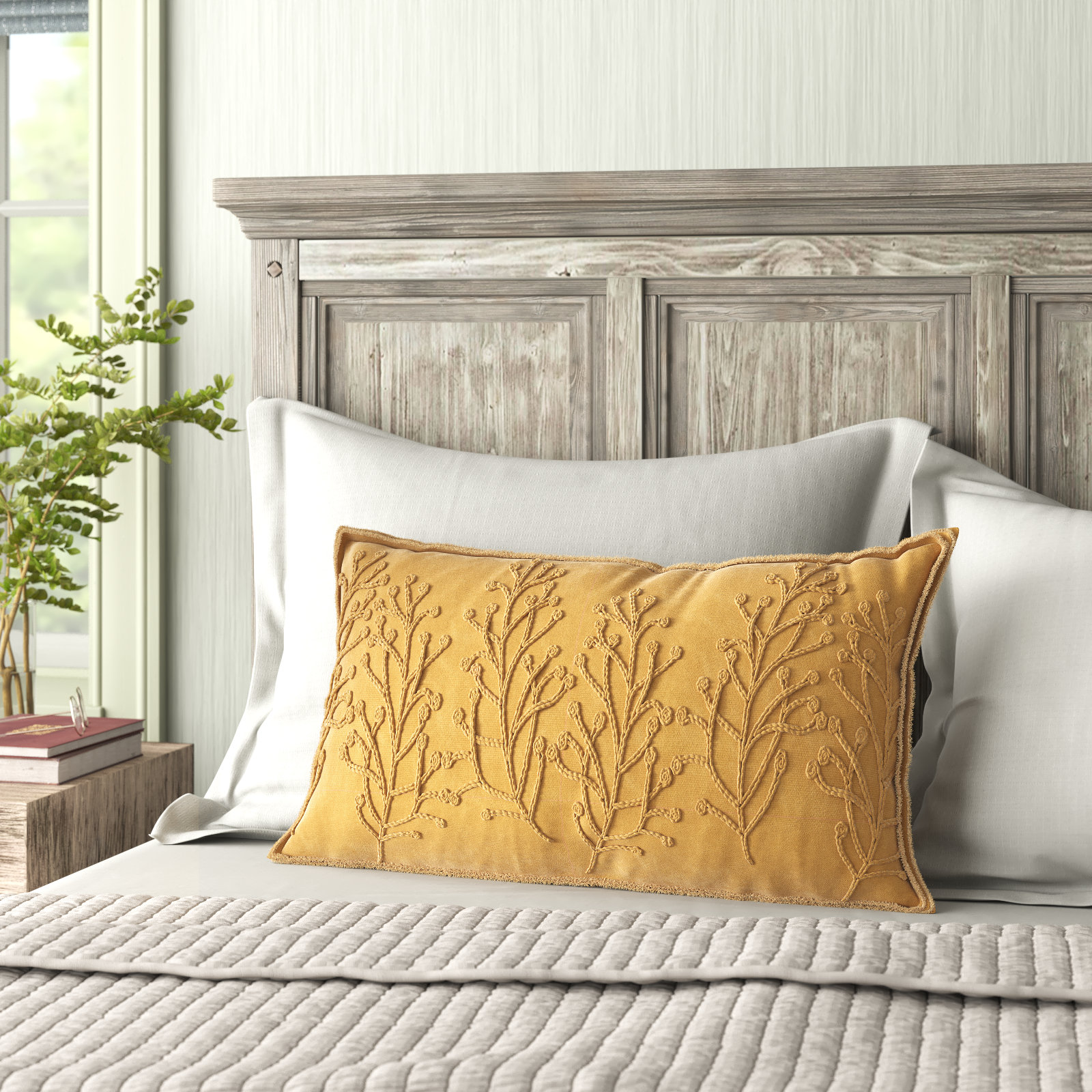 Hollin Embroidered Cotton Lumbar Throw Pillow, Yellow