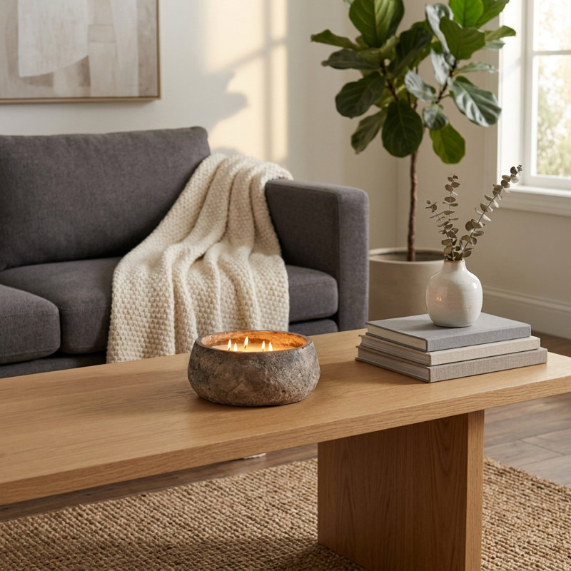 Bougie rustique parfumée à la vanille dans un récipient en pierre texturée pour le salon ou la chambre - Accessoire décoratif pour table basse ou étagère - Brun et beige