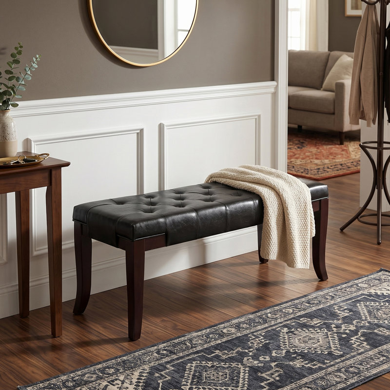 Tufted Bench For Livingroom, Black Leather