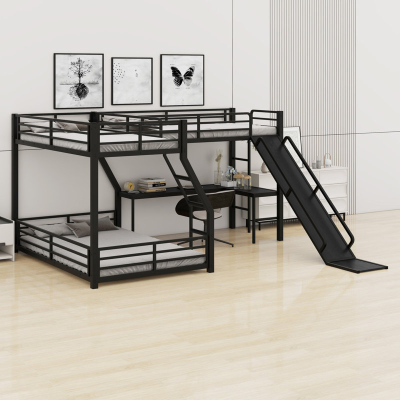 L-Shaped Bunk Bed With Loft Bed, Slide And USB Ports, Twin XL over Queen over Twin