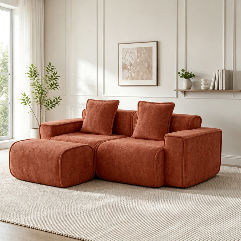 Canapé modulaire en L sans siège avec repose-pieds et sans assemblage, 2-Seater & 1-Ottoman, Red