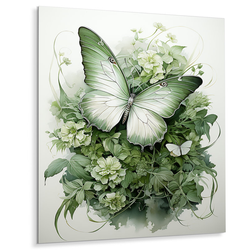 Papillon vert tourbillonnant sur une impression en métal, H 20 po x l 12 po