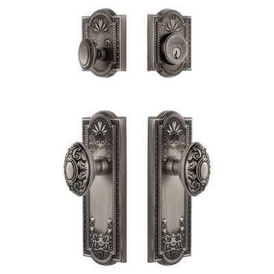 Grandeur Parthenon Long Plate Entry Set with Grande Victorian Knob in Antique Pewter