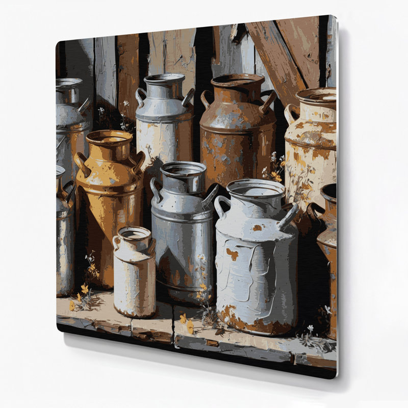 «Farm Milk Cans Brown», art mural en métal, H 16 po x l 16 po