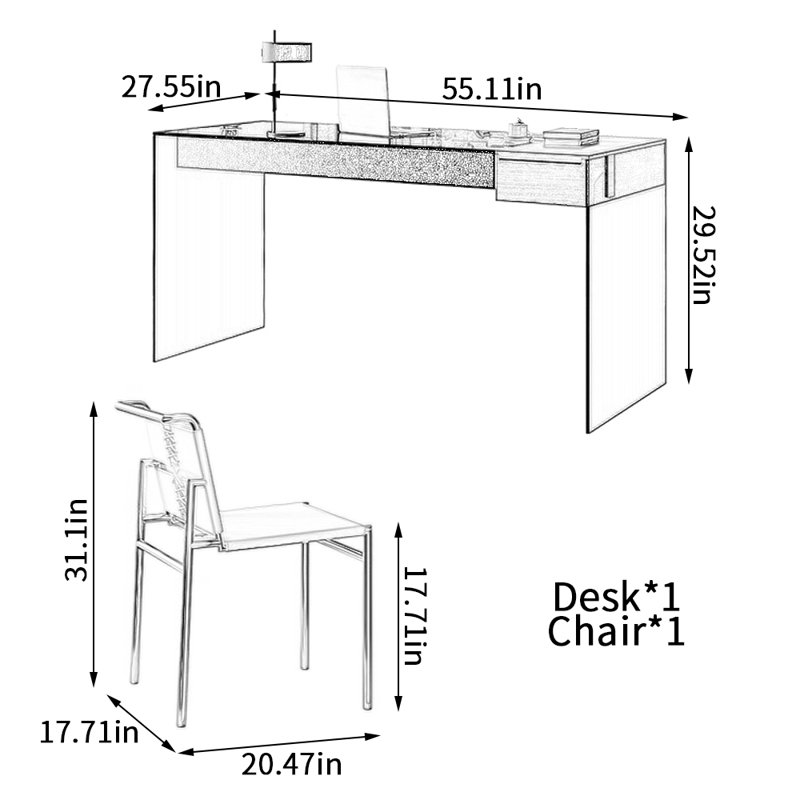 Bureau et chaise en verre trempé Creative Art, H 29,52 po x l 55,11 po x P 27,55 po