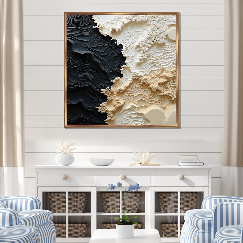 Abstrait crème et noir liquide, reproduction d'art sur toile côtière, H 24 po x l 24 po, Reproduction avec cadre flottant