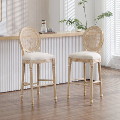 Ensemble de 2 chaises de bar de style français de 30 po de hauteur, chaises rembourrées avec dossier rond en rotin naturel, techniques de tréfilage et de sculpture, pour le salon, la cuisine, le restaurant, beige