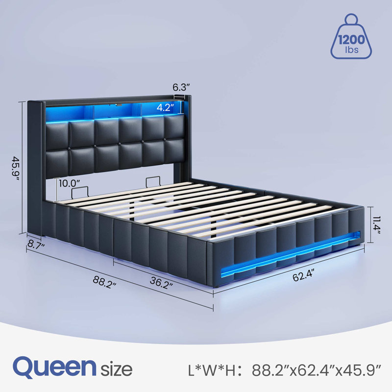Jilissa Upholstered Bookcase Lift Up Storage Bed with Charging Station and RGB LED Lights, Black, Queen