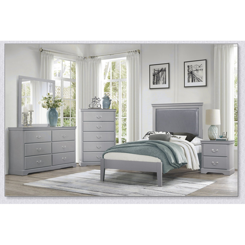Mobilier de chambre à coucher classique et classique avec tête de lit tapissier et similicuir, Gris, Très grand