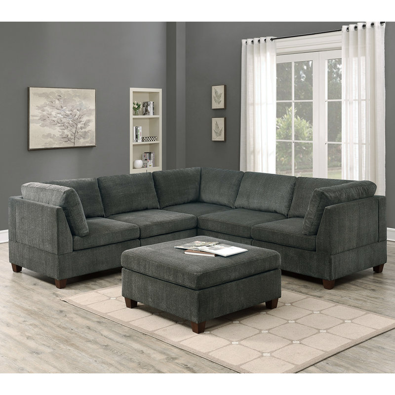 6 Piece Chenille Modular Sectional Sofa, 2 Gray Fabric