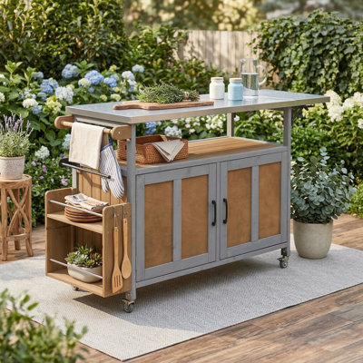 Collapsible outdoor kitchen cart with locking wheels; portable cooking island includes storage cabinet and towel rack - designed for patio and outdoor use - Espresso with Grey accents