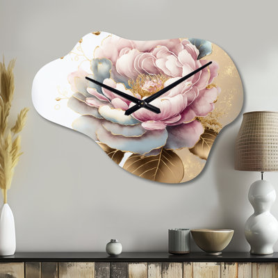 Rose et or, fleur de camélia I - horloge murale en métal Camellia, horloge murale asymétrique traditionnelle