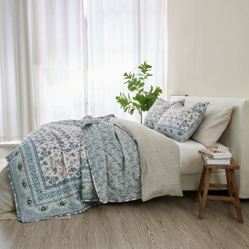 Twin Blue Microfiber Reversible Floral Quilt Set