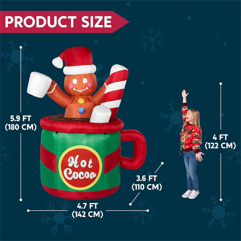 6 FT Christmas Inflatables Outdoor Decorations, Inflatable Gingerbread Man in Hot Cocoa Mug with Build-in LEDs Blow Up for Xmas Party Indoor, Outdoor, Yard, Garden, Lawn, Winter Decor