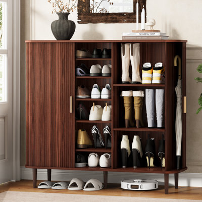 30 Pair Shoe Storage Cabinet, 31.5 Inch 6-Tier Shoe Cabinet with Adjustable Shelves & Sliding Doors, Mid-Century Modern Freestanding Shoe Storage Organizer for Entryway, Hallway, Living Room