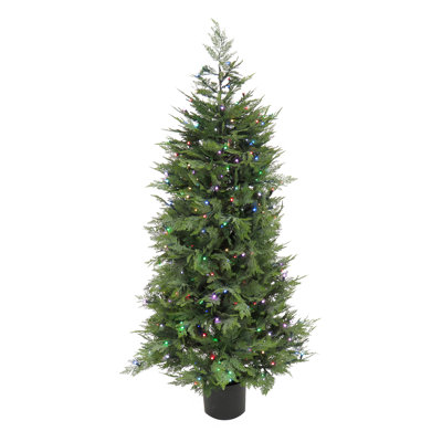 5 ft Prelit Artificial Cypress Tree with 300 Multi-Function LED Lights, Realistic Fake Tree Potted Plant, Matte Black Nursey Pot