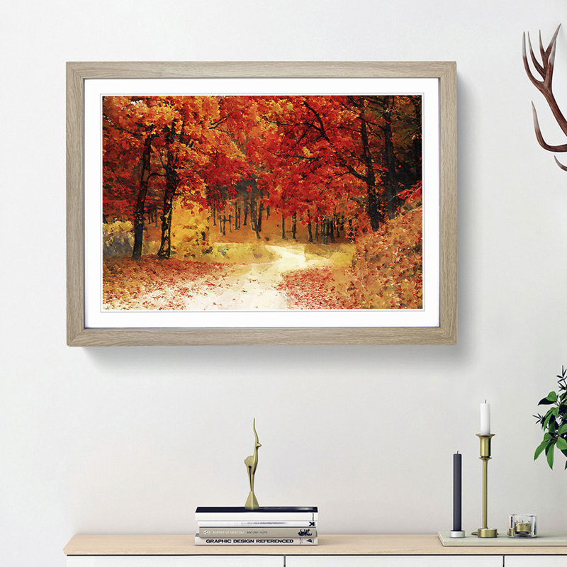 Path Through the Forest at Autumn in Abstract - Picture Frame Painting Print, Oak Framed, 62cm H x 87cm W x 2cm D