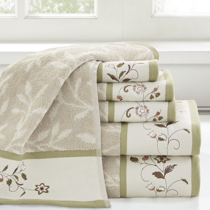 Green Embroidered Cotton Jacquard 6-Piece Towel Set