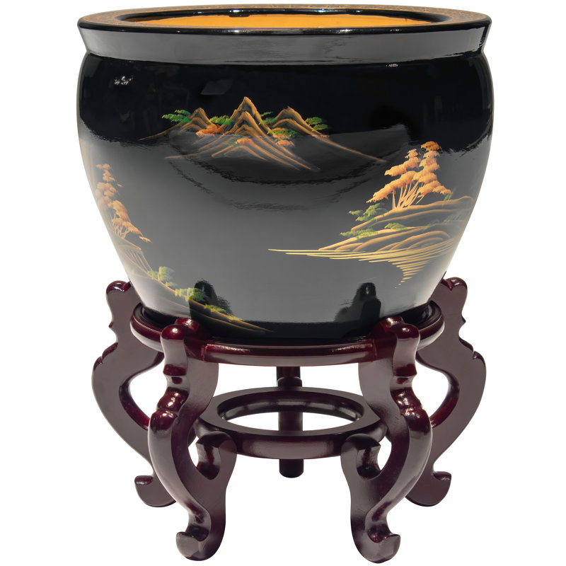 12" Black Lacquer Fishbowl - Landscape, 9" H x 12" W x 12" D