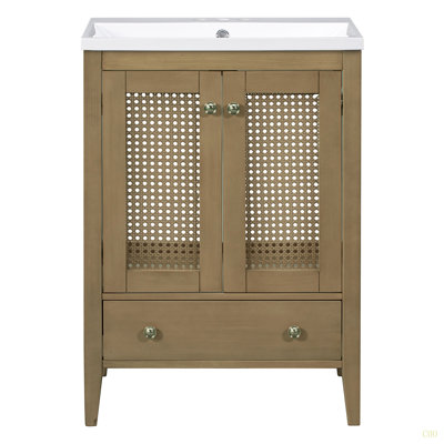 Meuble-lavabo 24 po avec lavabo en céramique, armoire de rangement en rotin avec deux portes et un tiroir, cadre solide