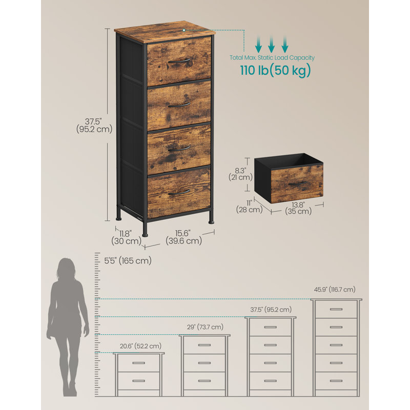 Chest Of Drawers, 4 Fabric Drawers Storage Unit, Steel, MDF, Non-Woven Fabric, For Bedroom, Closet, Hallway, Living Room, Ink Black