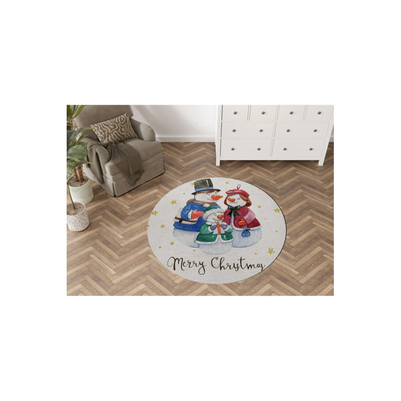 Colorful Christmas Themed Snowman And Family Patterned Modern Woven Base Round Decorative Carpet, Round 2'8"