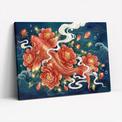 Red Koi Fish And Peony Flowers Canvas Wrapped Wall Art Oil Painting Print With Traditional Chinese Style For Living Room Bedroom Decor (Set Of 1)